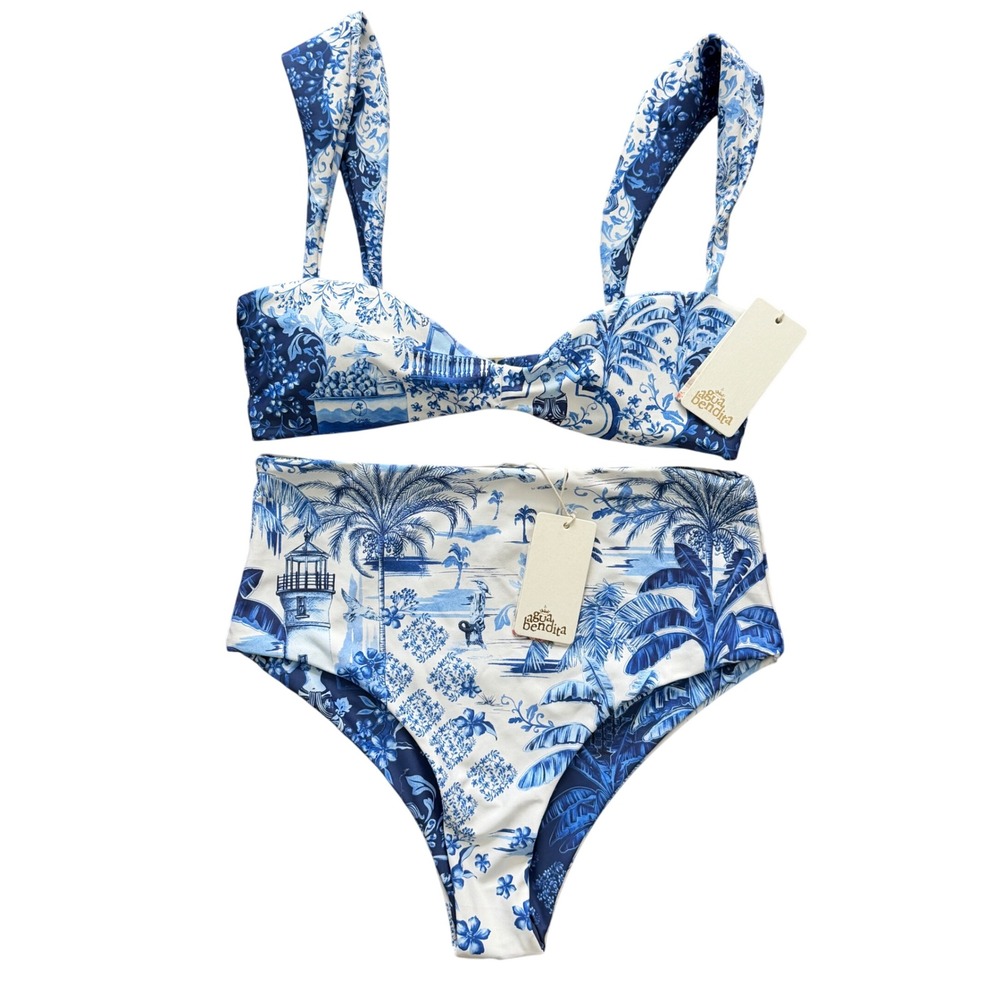 Agua Bendita Malory Alicia Tales Toile Blue White High Waist Bikini Set M NWT